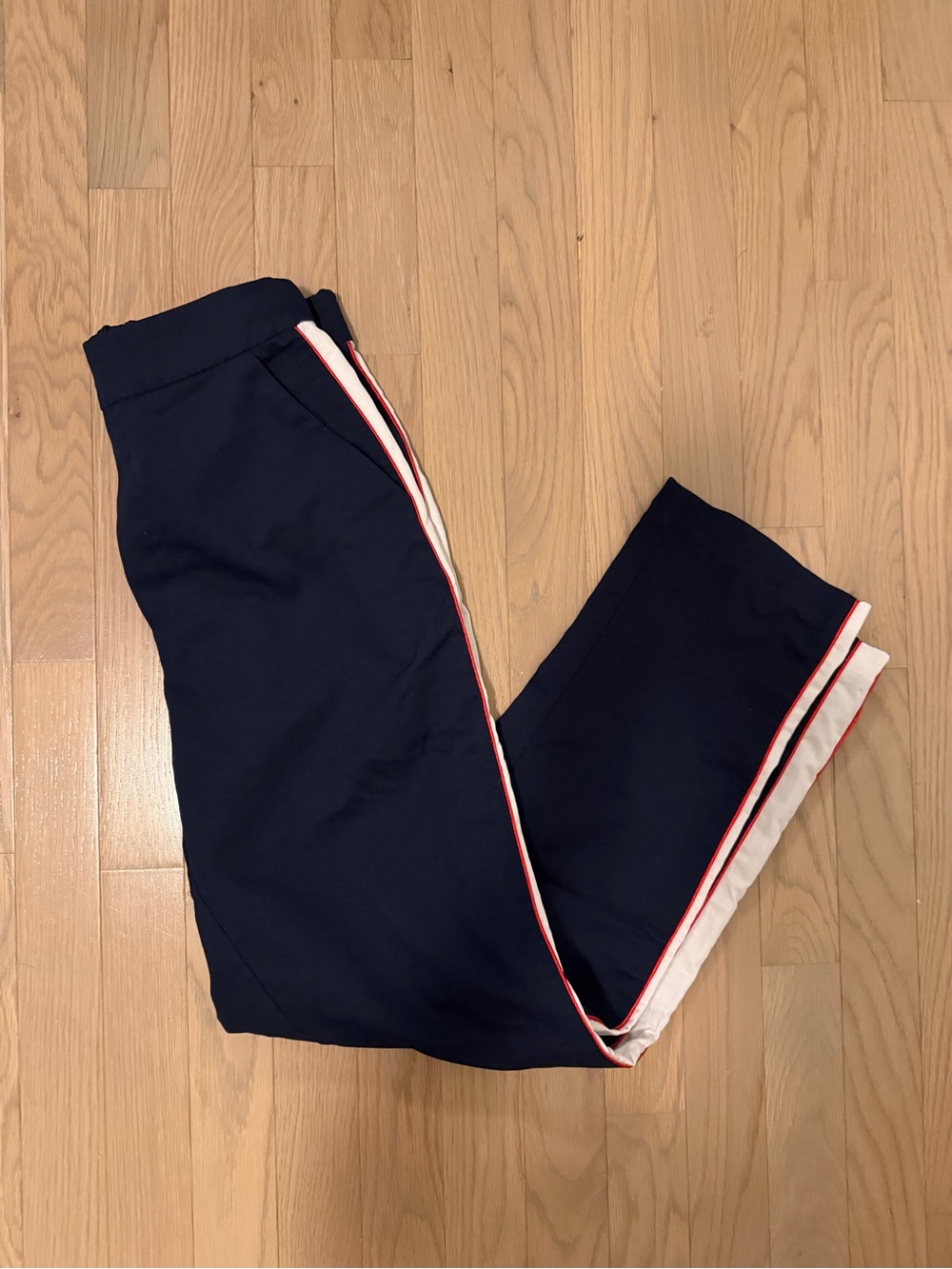 grey lab navy blue pants w/ white and red side details